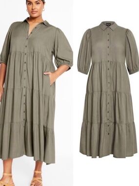 NWT City Chic Charlotte Tiered Olive Green Short Sleeve Maxi Dress Boho Style